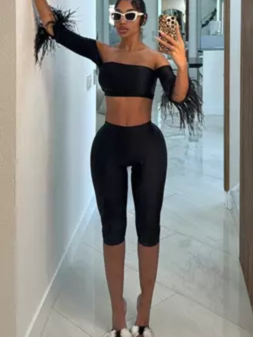 Capri Pant Set OstrichFeather Trim Cropped 3/4 Sleeves Black Autty Simone Size S